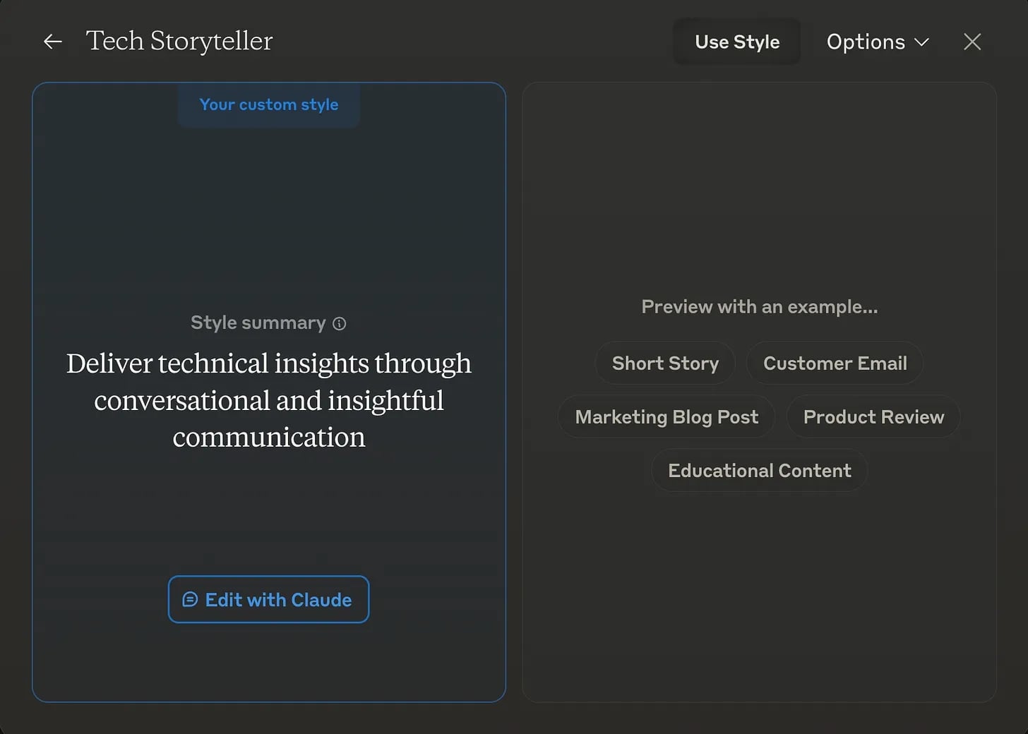 This is what it looks like when you feed Claude a sample of your writing and ask it to create a personalized style