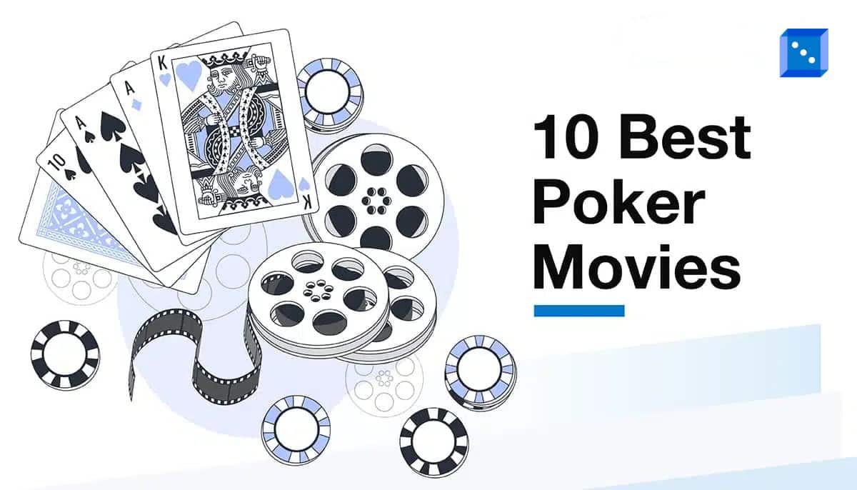 An illustration featuring a poker hand with an Ace, King, Queen, Jack, and Ten of spades, along with poker chips and film reels, symbolizing the best poker movies. The text reads ‘10 Best Poker Movies’ on the right side.”