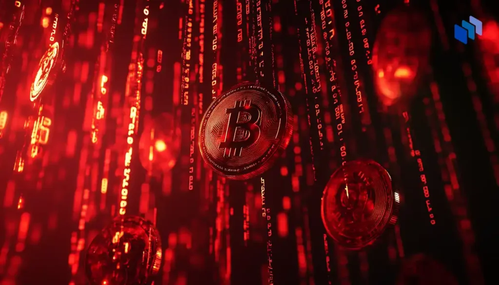 A cascade of red binary code flowing down, intertwining with glowing cryptocurrency coins