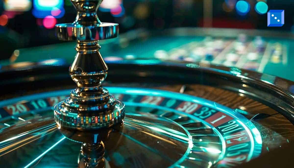 A close-up shot of a spinning roulette wheel in a casino, with a metallic centerpiece reflecting ambient neon lights. The wheel’s numbered pockets are clearly visible, with a green betting table slightly blurred in the background, creating a vibrant and dynamic gaming atmosphere.