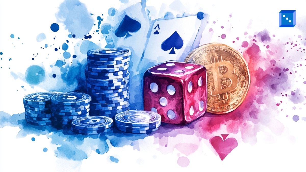 Stacks of blue poker chips, a red dice, two playing cards, and a golden Bitcoin coin, symbolizing cryptocurrency gambling trends