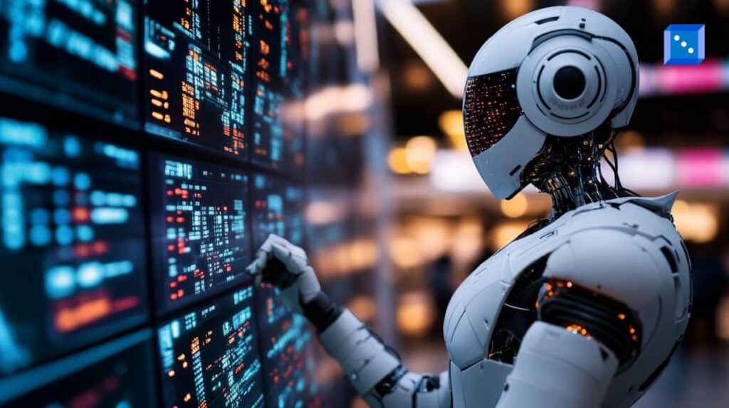 Futuristic humanoid robot analyzing data on multiple digital screens filled with betting odds, statistics, and financial information, representing AI-driven sports betting predictions.