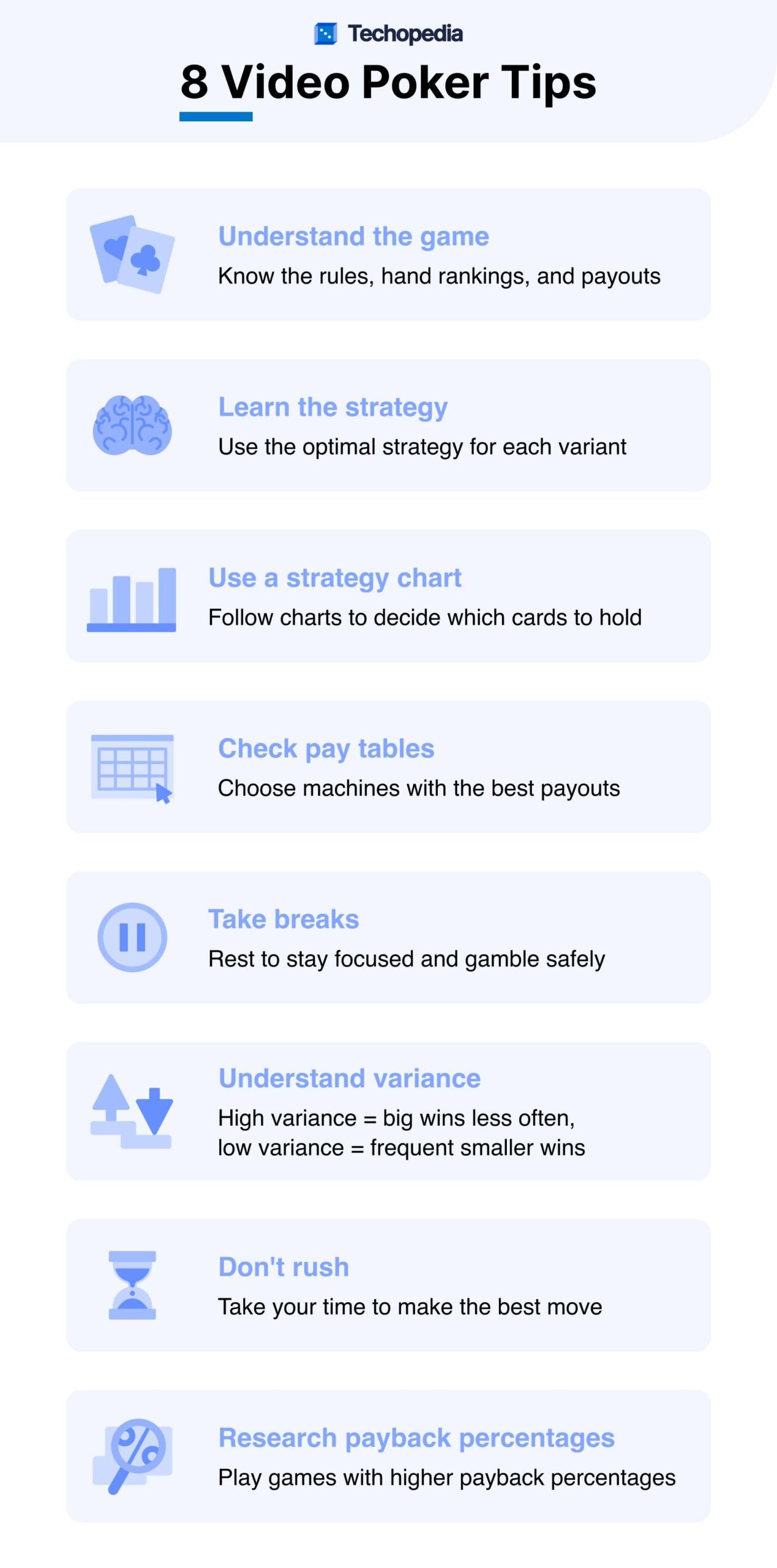 Infographic titled "8 Video Poker Tips," outlining essential strategies like understanding rules, using strategy charts, and checking pay tables.