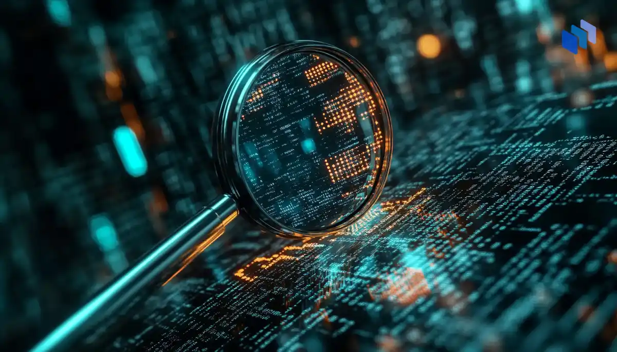A digital magnifying glass hovering over a page of text, revealing binary code beneath it, symbolizing the analysis of AI-written content