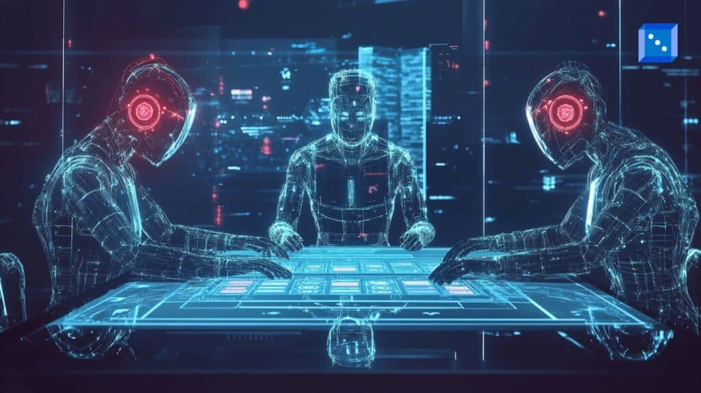 A futuristic digital casino scene where AI-powered humanoid figures engage in a high-tech casino game, symbolizing the integration of AI in gambling