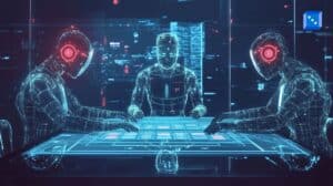 A futuristic digital casino scene where AI-powered humanoid figures engage in a high-tech casino game, symbolizing the integration of AI in gambling
