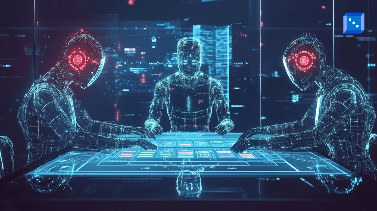 A futuristic digital casino scene where AI-powered humanoid figures engage in a high-tech casino game, symbolizing the integration of AI in gambling