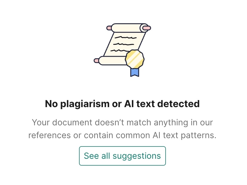 Illustration of a scroll with a medal, accompanied by a message confirming no plagiarism or AI text detected in a document.
