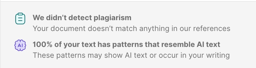 Notification summary: No plagiarism detected, but 100% of the text shows patterns resembling AI writing.