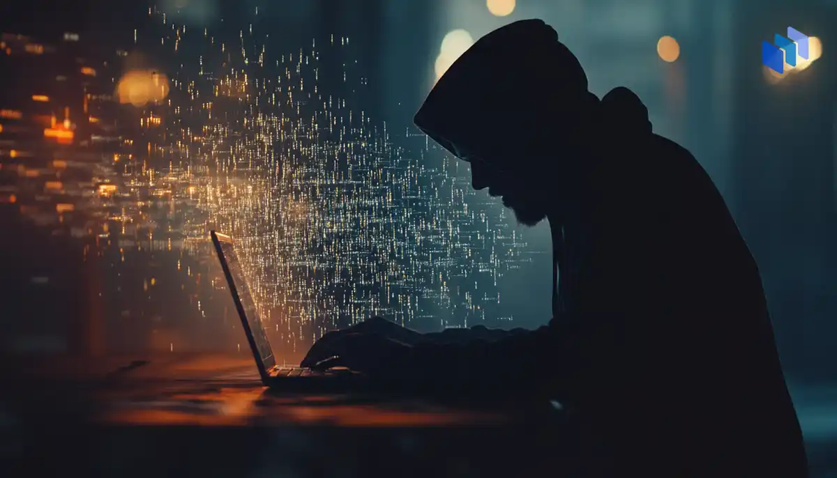 A shadowy figure in a hoodie typing rapidly on a laptop, with streams of code flowing from the screen, symbolizing a hacker exploiting a system vulnerability.