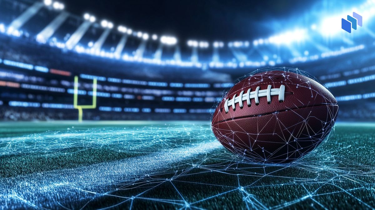 A close-up of an American football on a well-lit stadium field, surrounded by glowing bokeh lights, symbolizing football betting insights.