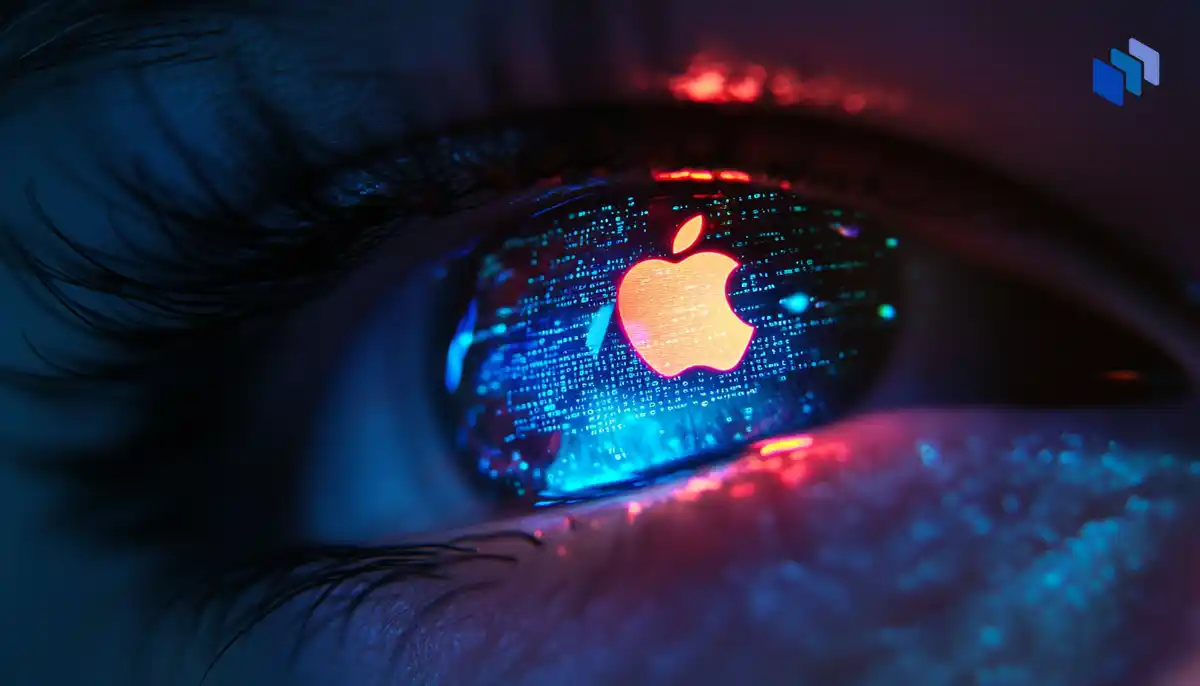 A close-up of a human eye with glowing hacker code and an Apple logo reflected in the pupil.