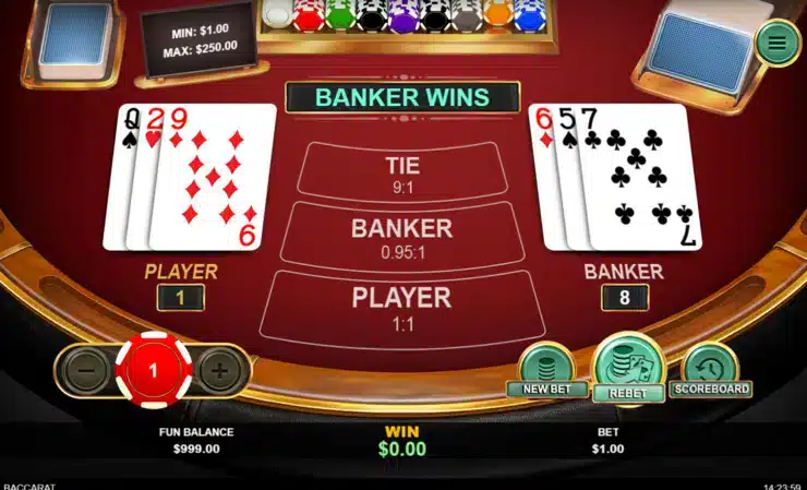 A digital baccarat game display showing cards for Player and Banker, with "BANKER WINS" highlighted, and betting options below.