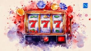A vibrant watercolor painting of a classic slot machine displaying a jackpot win with three red sevens (777) on its reels. The background features splashes of red, blue, and yellow, with casino chips floating in the air, creating a dynamic and celebratory atmosphere.