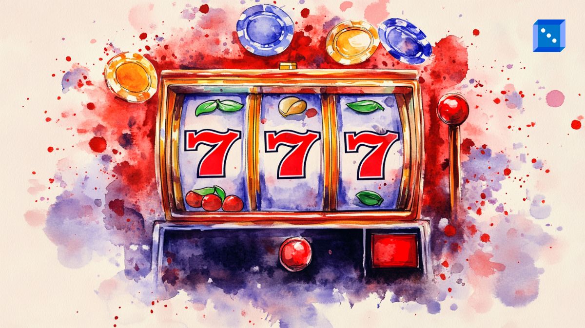 A vibrant watercolor painting of a classic slot machine displaying a jackpot win with three red sevens (777) on its reels. The background features splashes of red, blue, and yellow, with casino chips floating in the air, creating a dynamic and celebratory atmosphere.