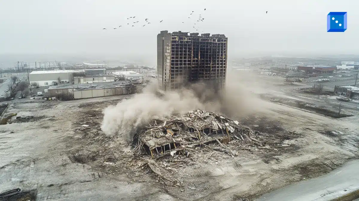 A dramatic image of a building demolition, symbolizing the downfall of Trump’s Atlantic City casino ventures and financial struggles.