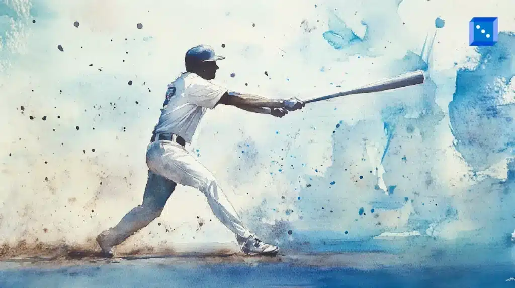 Watercolor-style digital illustration of a baseball player in a white uniform swinging a bat, with a dynamic splash of blue and brown colors in the background, capturing the motion of the swing.”