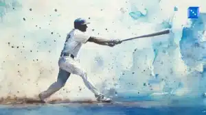 Watercolor-style digital illustration of a baseball player in a white uniform swinging a bat, with a dynamic splash of blue and brown colors in the background, capturing the motion of the swing.”