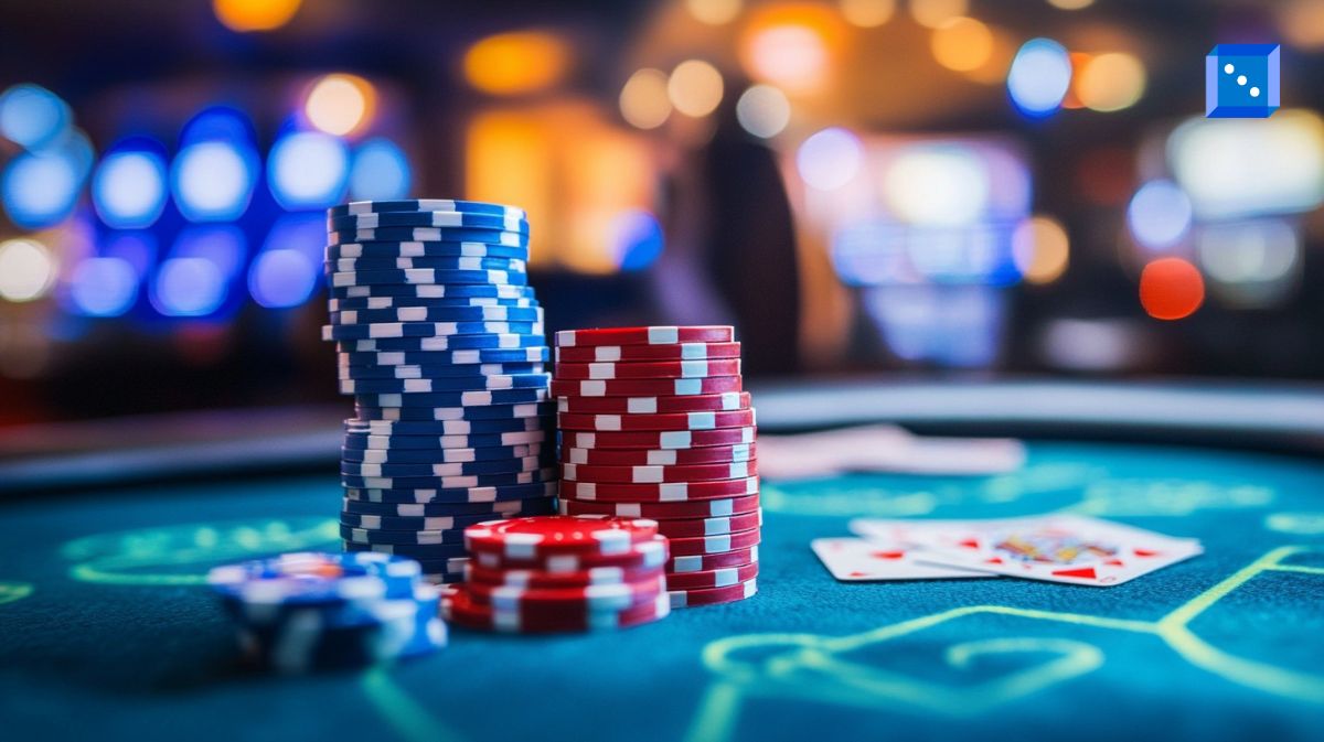 A close-up shot of poker chips stacked in blue and red on a casino table with a green felt surface. Playing cards, including a King of Hearts, are spread out on the table, suggesting an active game. The blurred background features glowing lights and slot machines, evoking the atmosphere of a vibrant casino. A small blue icon with white dots is visible in the upper right corner.