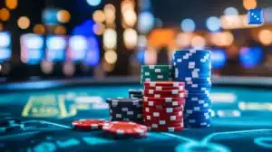 A close-up of stacks of colorful poker chips—red, blue, green, and black—on a casino table with a felt surface. The blurred background features warm, glowing casino lights and gaming machines. A small blue icon with white dots is positioned in the upper right corner.”