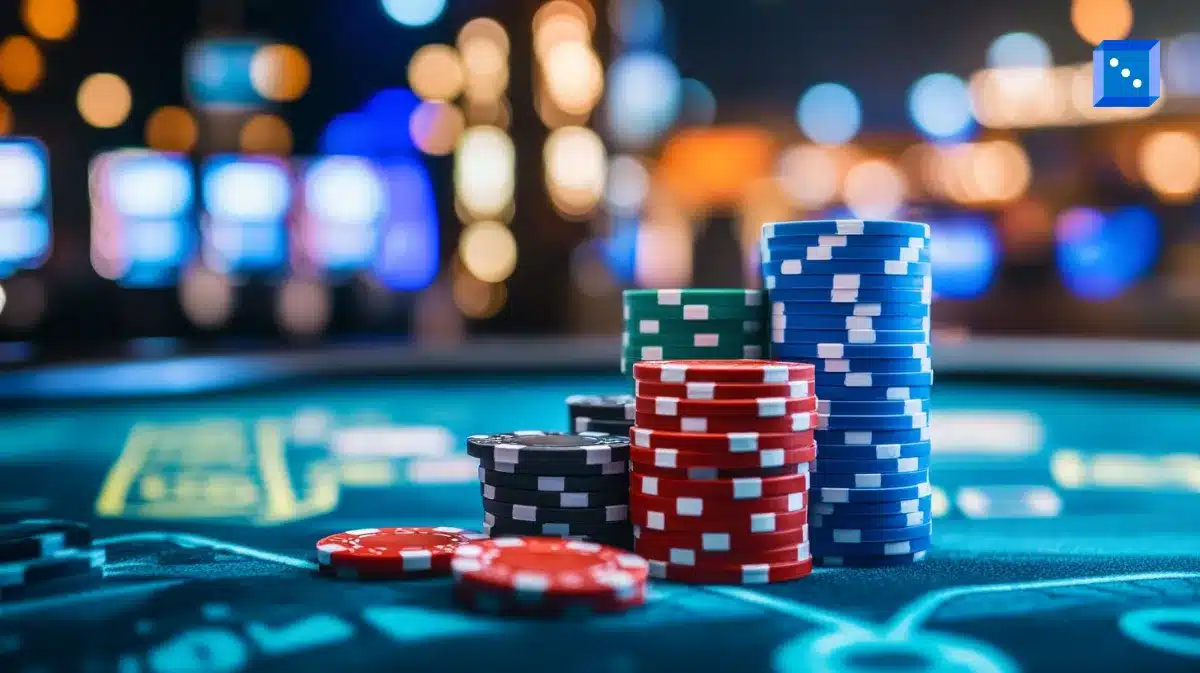 A close-up of stacks of colorful poker chips—red, blue, green, and black—on a casino table with a felt surface. The blurred background features warm, glowing casino lights and gaming machines. A small blue icon with white dots is positioned in the upper right corner.”