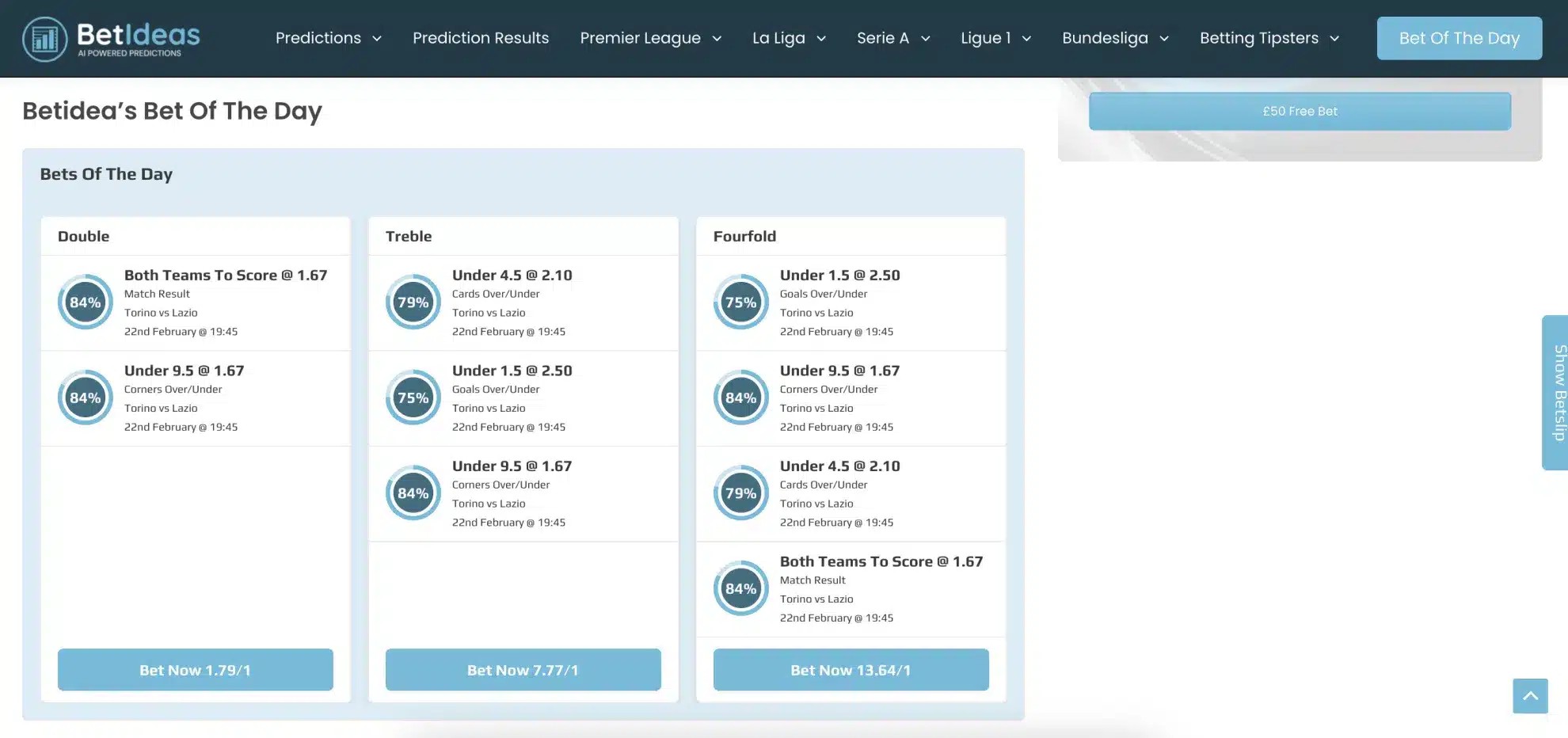 Screenshot of BetIdeas, an AI-powered sports betting prediction site, displaying betting options for a football match between Torino and Lazio. The page highlights ‘Bet of the Day’ options, including Double, Treble, and Fourfold bets, with various predictions such as ‘Both Teams to Score,’ ‘Under 9.5 Corners,’ and ‘Under 4.5 Cards.’ Probabilities and odds are shown for each bet, with buttons to place bets.