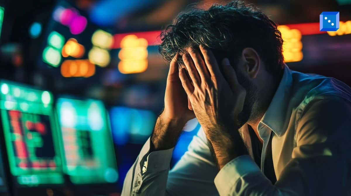 Frustrated man in a casino or betting environment, holding his head in his hands while surrounded by glowing screens displaying numbers and odds.”