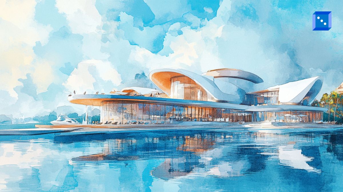 A watercolor-style illustration of a futuristic, luxurious waterfront entertainment resort with curved, modern architecture and expansive glass walls. The building reflects elegantly on the calm water, with a yacht docked nearby. The background features a bright blue sky with fluffy white clouds, enhancing the dreamy and serene atmosphere.