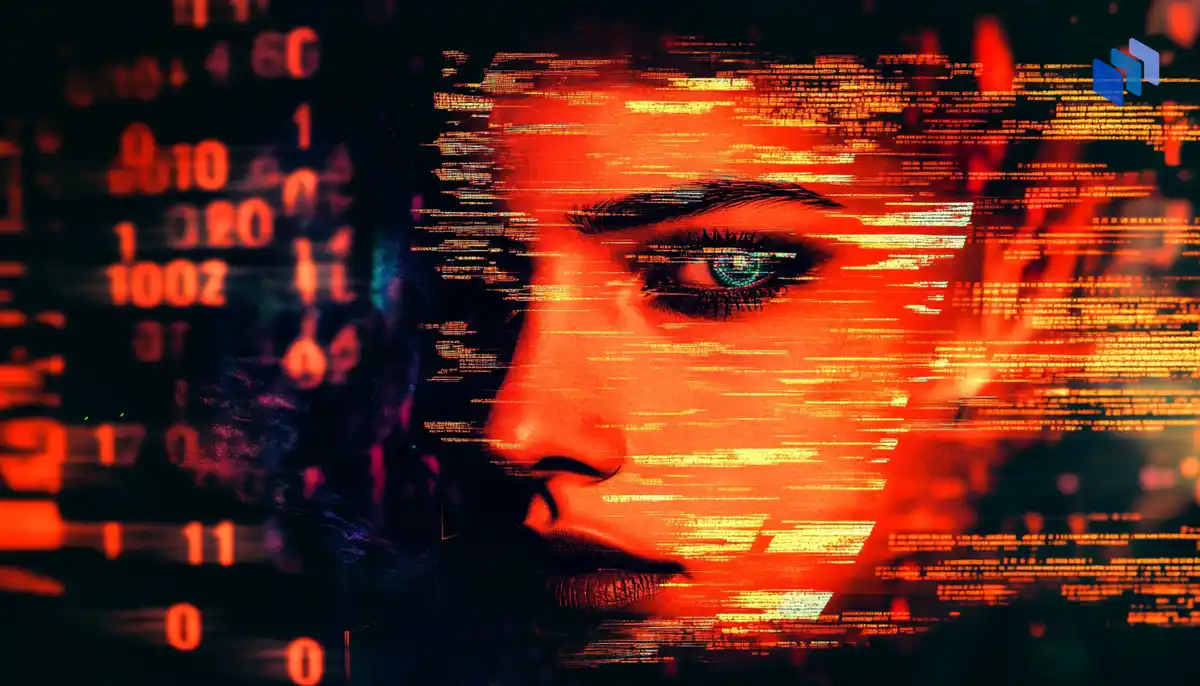 A digital representation of a person’s face morphing into a distorted AI-generated version, surrounded by floating binary code