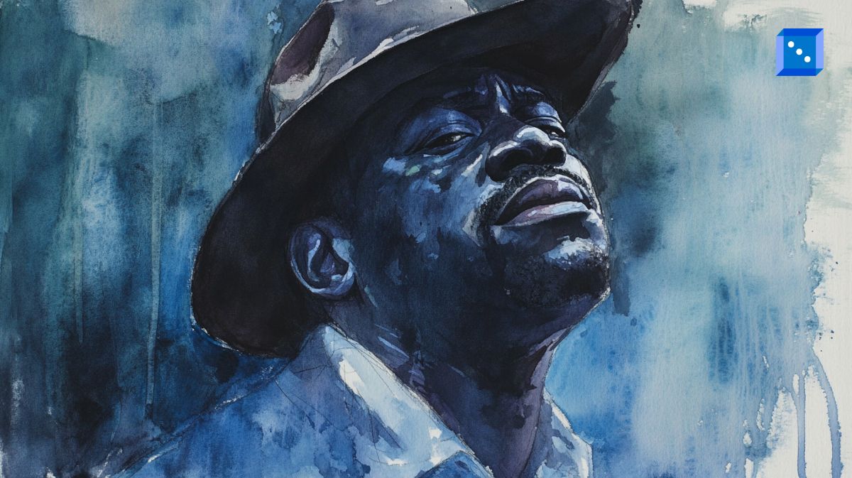 A striking watercolor-style portrait of a man wearing a fedora hat, his face partially shadowed with an intense, contemplative expression. The deep blue tones and expressive brushstrokes add a dramatic and mysterious feel to the artwork.