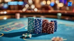Stacks of blue and red casino chips neatly arranged on a poker table with a blurred background of a casino, illuminated by warm ambient lighting.”