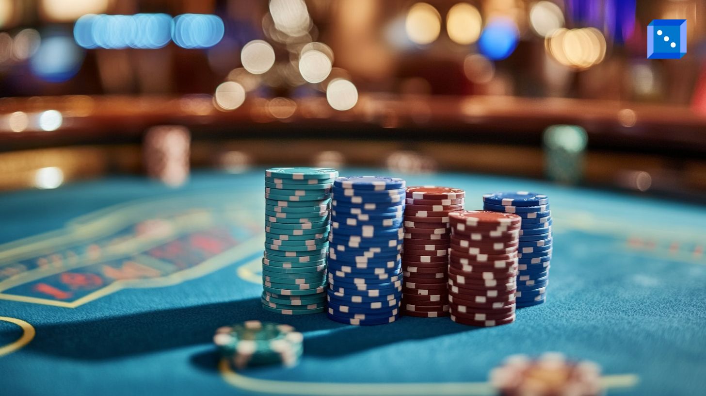 Stacks of blue and red casino chips neatly arranged on a poker table with a blurred background of a casino, illuminated by warm ambient lighting.”