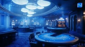 Elegant casino hall with blue lighting, chandeliers, gaming tables, and slot machines. A blackjack table is in the foreground.