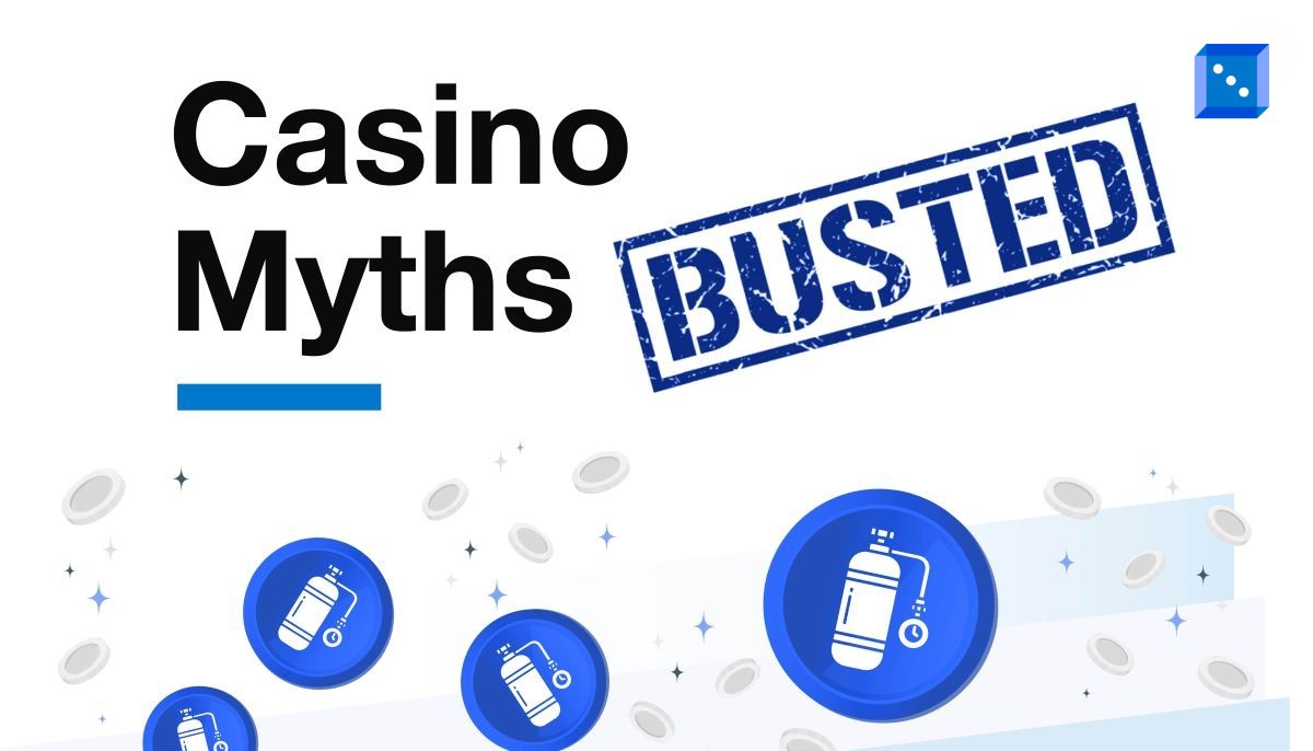 Bold text reading ‘Casino Myths’ with a large ‘BUSTED’ stamp overlay. Floating casino chips and oxygen tank icons illustrate the debunked myth about casinos pumping oxygen to keep players awake.