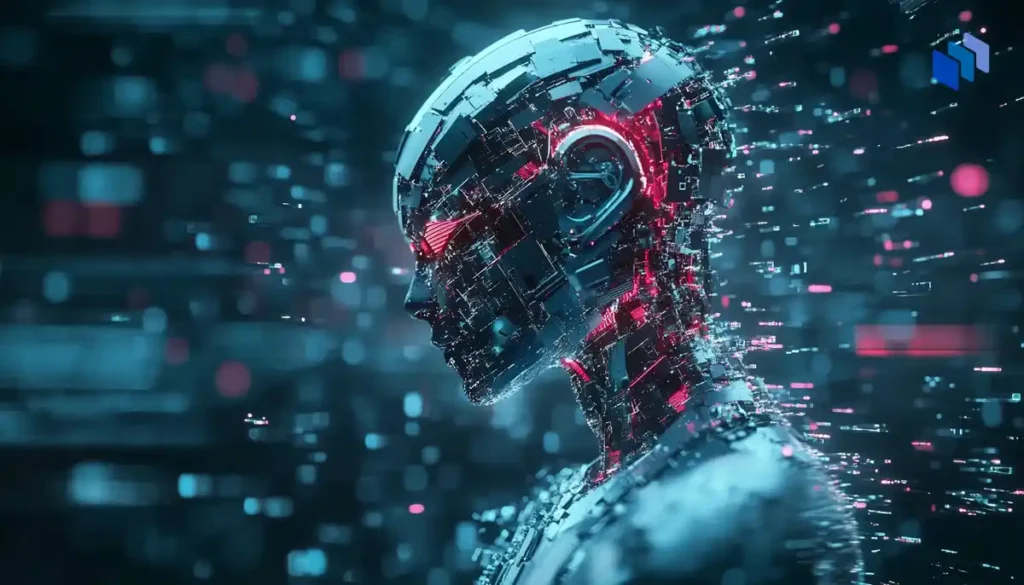 A futuristic AI model surrounded by flowing data streams, with fragmented and fading data particles representing scarcity.
