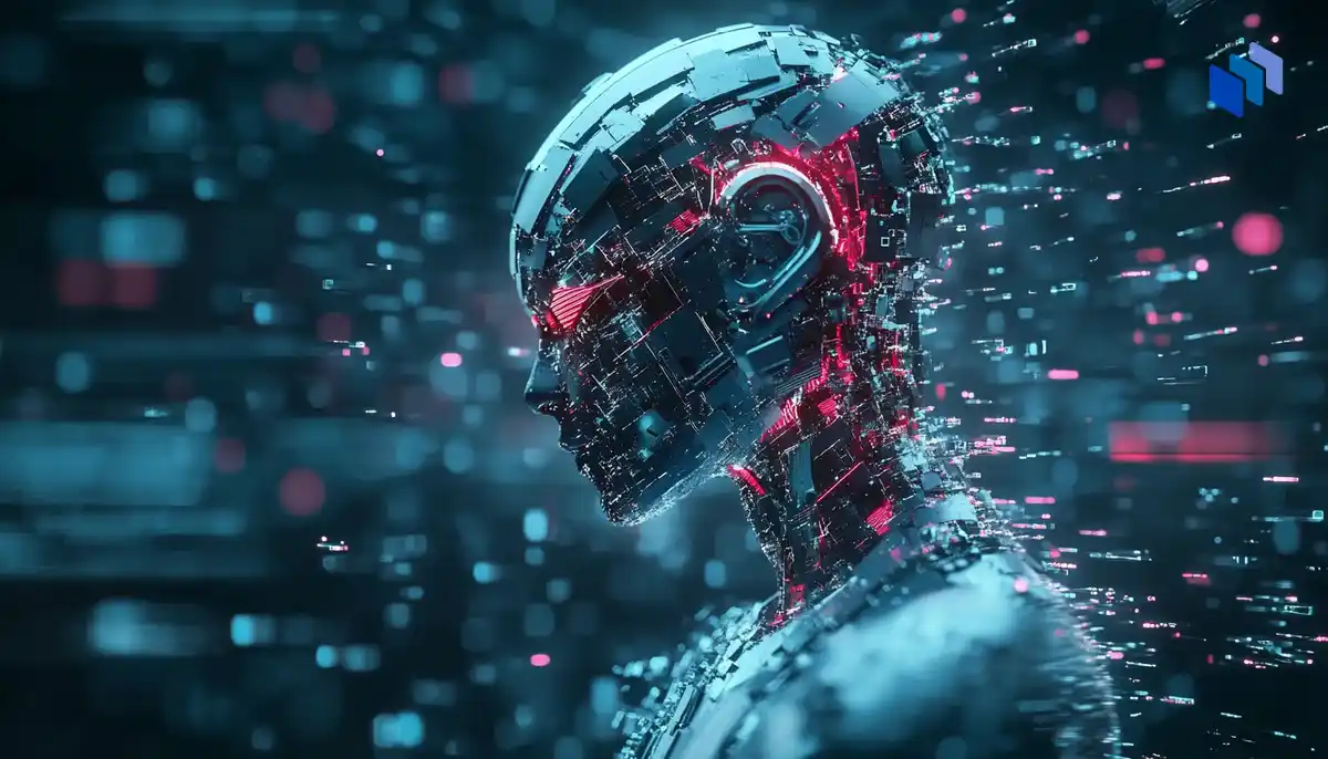 A futuristic AI model surrounded by flowing data streams, with fragmented and fading data particles representing scarcity.