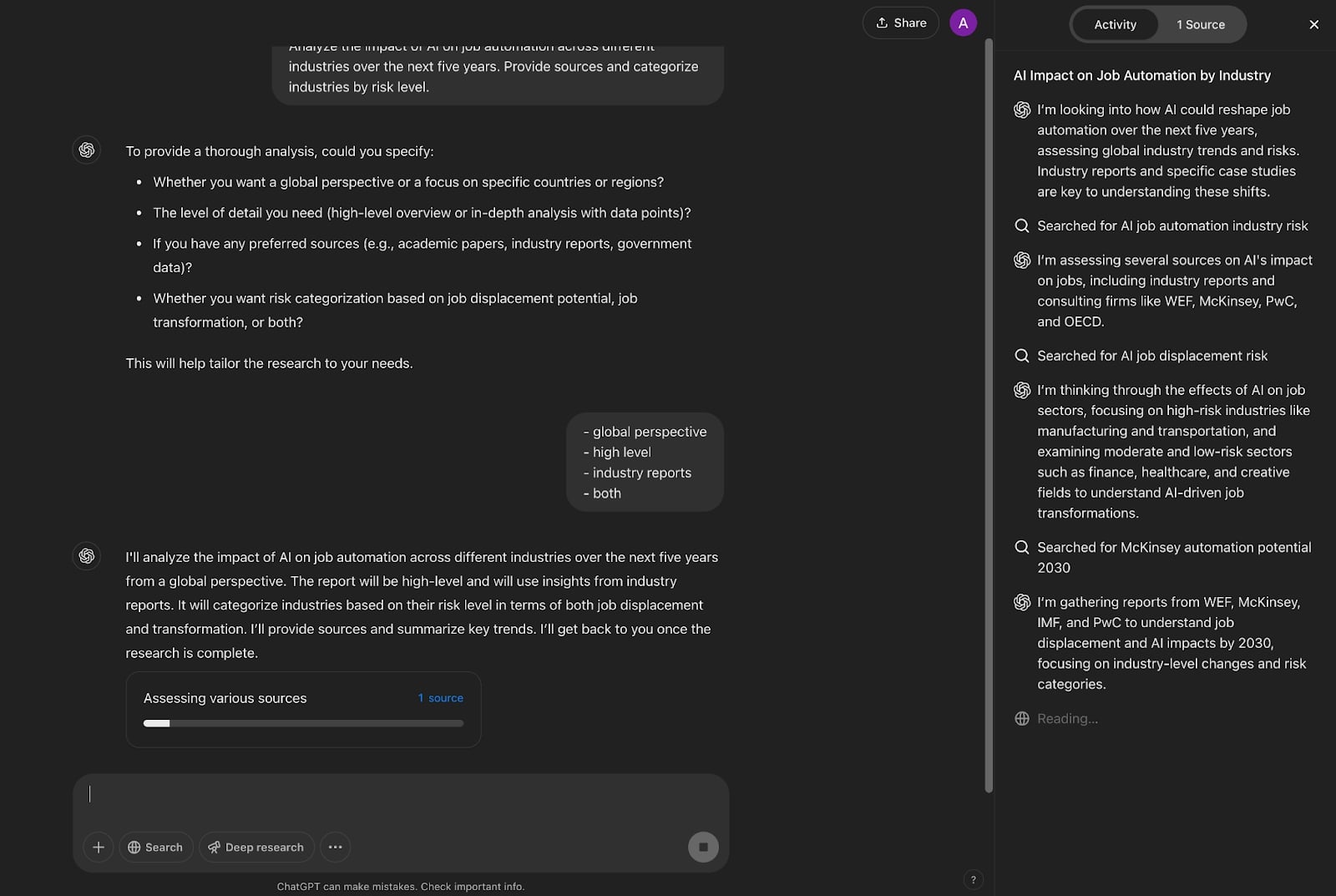 A screenshot of a ChatGPT interface discussing the impact of AI on job automation across various industries and risk levels.