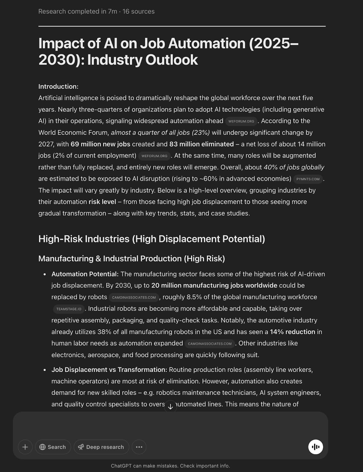 A research document generated by ChatGPT discussing the impact of AI on job automation from 2025 to 2030, highlighting industry outlooks and high-risk sectors