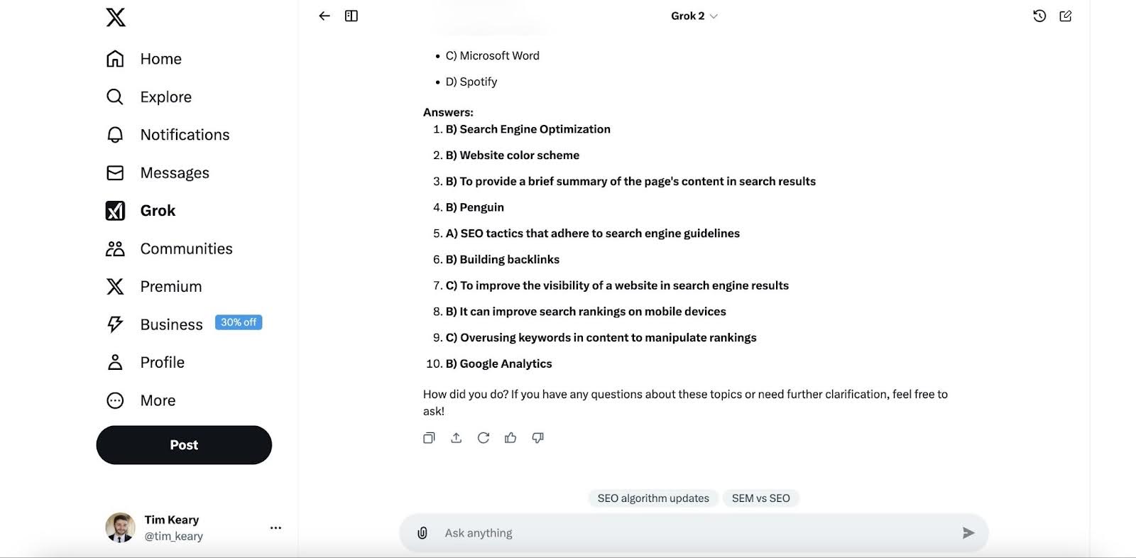 A digital screen displays a list of SEO-related answers within the Grok interface, highlighting various strategies and tools.