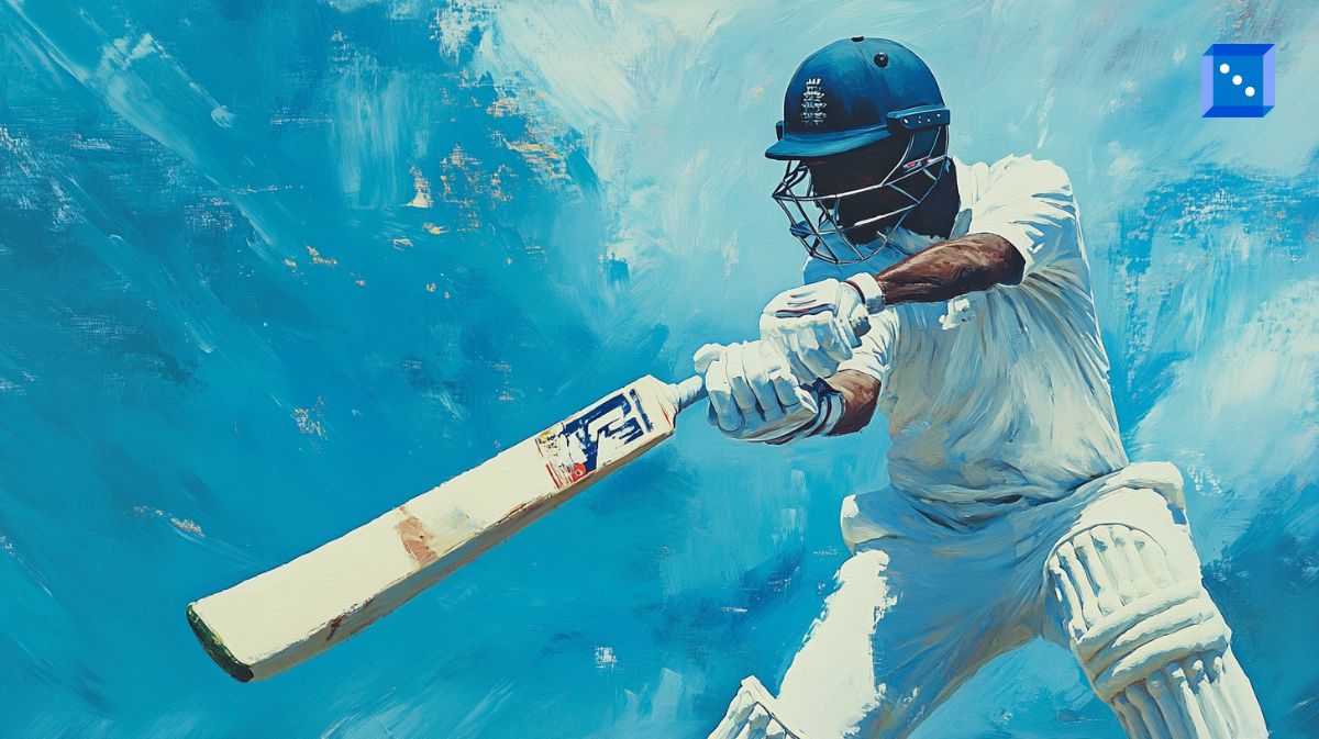 A digital painting of a cricket player wearing full white gear and a protective helmet, swinging a bat against a vibrant blue background, capturing the energy and motion of the sport.