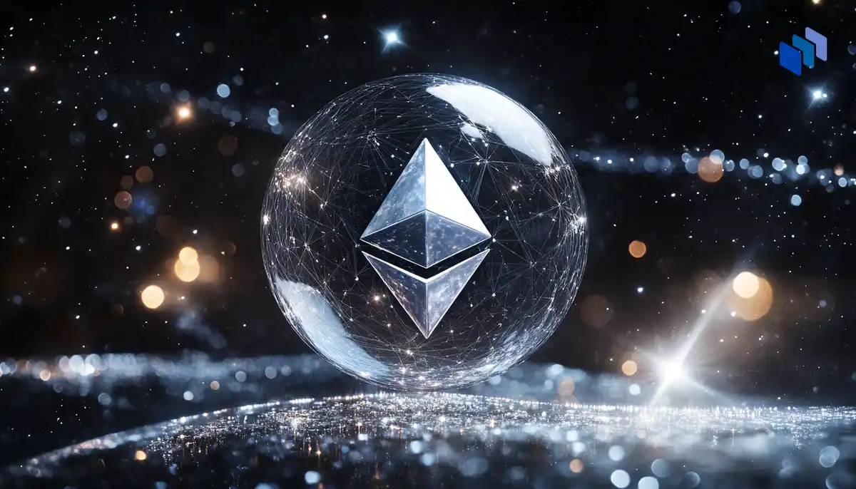 A sleek Ethereum symbol floating within a crystal orb, surrounded by shimmering bridges connecting glowing L2 networks in outer space.