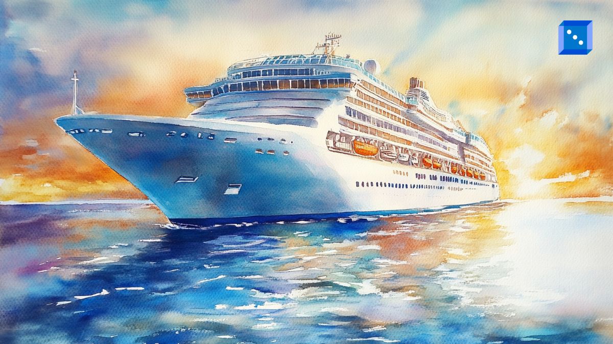 A stunning watercolor-style digital painting of a luxurious cruise ship sailing across the ocean at sunset. The ship’s sleek white exterior reflects the golden hues of the sky, while the deep blue waters shimmer beneath it. Lifeboats and multiple decks add intricate details to the vessel, enhancing its grandeur.