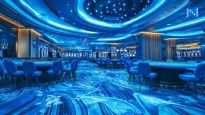 Luxurious casino interior with a futuristic blue design, featuring gaming tables, slot machines, and elegant seating under a starry ceiling