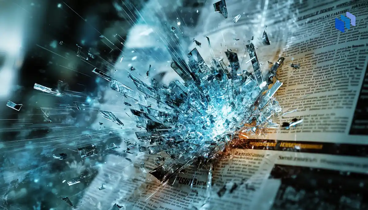 An explosion of glass shards radiates from a newspaper, symbolizing a cyberattack that disrupts both traditional and online media operations.
