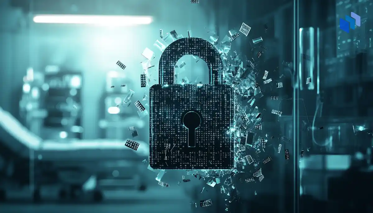 A digital lock breaking apart, surrounded by abstract binary code, with a background of hospital equipment