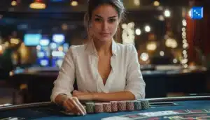A woman dealer in a white shirt sits at a poker table, surrounded by colorful chips and dimly lit casino ambiance.