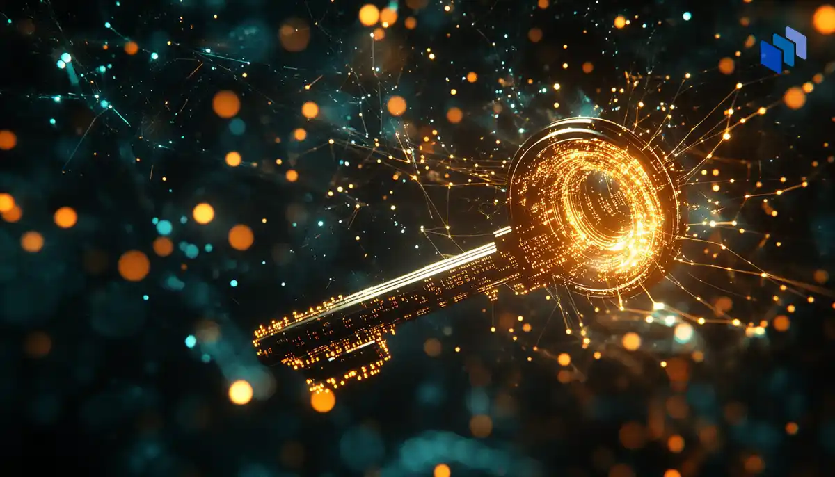 A digital key suspended in the center of a data web, with encrypted strings of code flowing through it, showing the relationship between the key and encrypted messages.