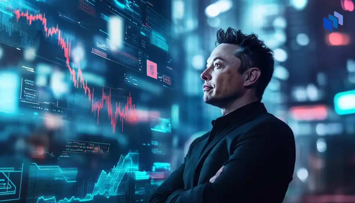 Elon Musk stands confidently in front of a digital financial display with graphs and data projections