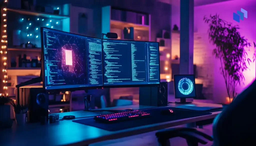 A futuristic, ultra-modern digital workspace, featuring a sleek, minimalist design. A large screen displays complex code, data visualizations, and images being processed by an advanced AI model.